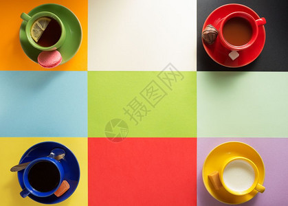 九种颜色拼接而成的背景上有四杯咖啡图片