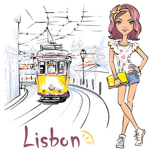 在葡萄牙里斯本老城最古的阿尔法马街上穿T恤和短裤的矢量可爱女孩和著名的古老黄色28型电车图片