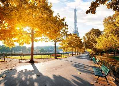 清晨阳光和秋天埃菲尔铁塔法国巴黎图片