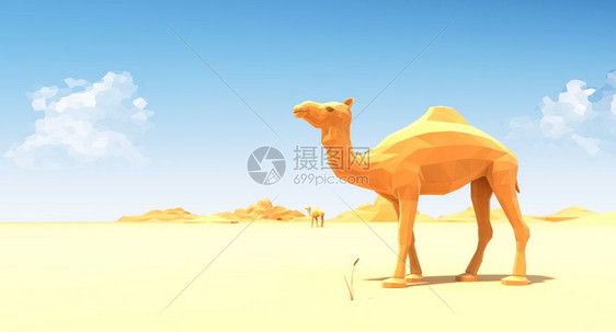 沙漠中的骆驼3D插图图片
