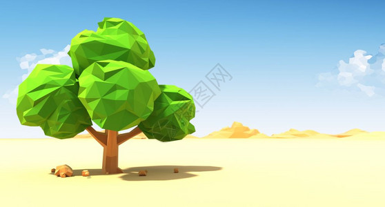 卡通,树沙漠中孤独的树3d插图背景