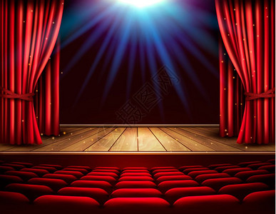 戏剧舞台红窗帘和聚光灯矢量图片