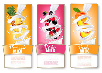 牛奶喷洒中的三组水果标签菠萝黑莓草桃子矢量图片