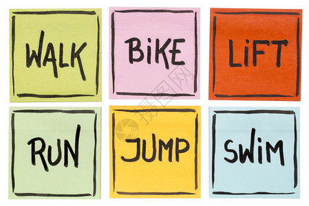 走路自行车电梯跑跳游泳健身或交叉训练概念白上孤立的粘贴笔记上迹图片