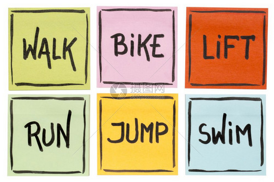 走路自行车电梯跑跳游泳健身或交叉训练概念白上孤立的粘贴笔记上迹图片