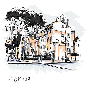 意大利罗马的景象城市观意大利罗马典型街道的矢量城市观意大利罗马老城的石松树图片