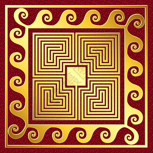 传统古金希腊装饰品Meander传统古金广场希腊装饰品红色背景的Meander模式图片