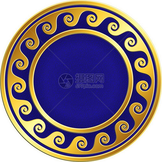 带有希腊米兰德模式的金圆框具有传统希腊古老的米兰德模式在设计板的蓝色背景上具有传统的希腊马兰德模式装饰瓷砖和板的黄金模式传统的希图片