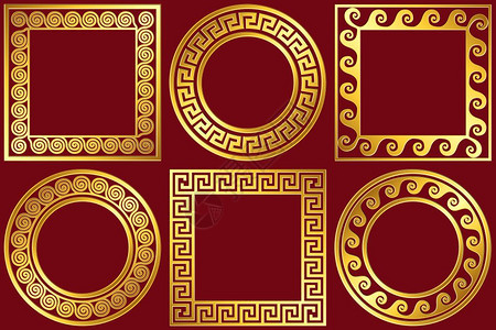 设定带有希腊米德模式的金色框架设定金色圆形和方框架以传统的希腊米德模式在设计板的红色背景上设定金框架图片