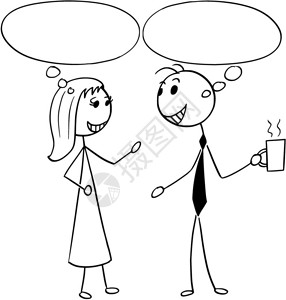 卡通棍棒男说明女商人交谈或聊天与空语音泡沫气球图片