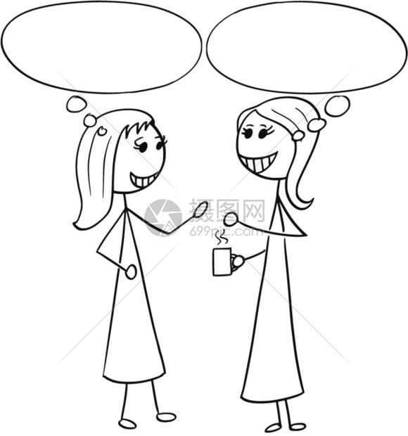 卡通棍棒男插画了两个女对生意人与空话泡气球交谈或聊天的例子