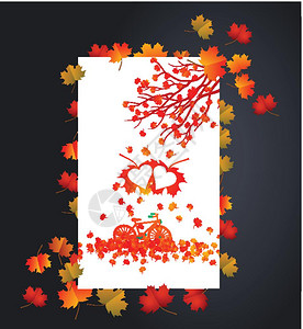 带有心脏形状图示红叶卡的秋季背景图片