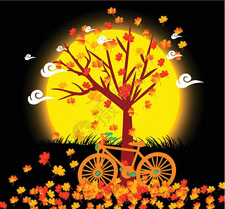 在月光下有叶和自行车的然背景图片