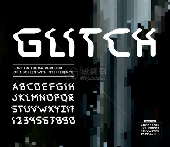 Glitch字体矢量插图向字体屏幕背景上的矢量插图有干扰的屏幕背景图片