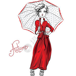 夜服红色夹克和带雨伞的裙子图片