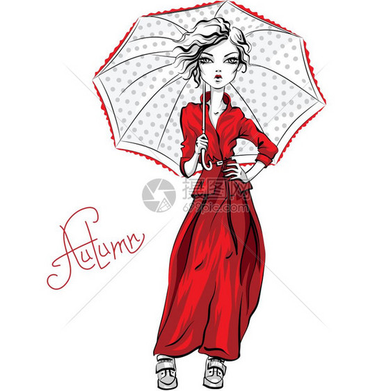 夜服红色夹克和带雨伞的裙子图片