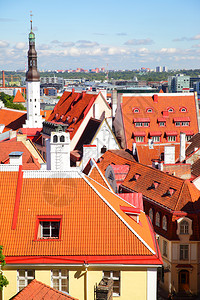 爱沙尼亚塔林旧城的红砖屋顶和圣灵教堂塔图片