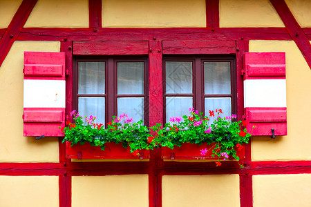 德国纽伦堡带有鲜花的旧房子窗图片