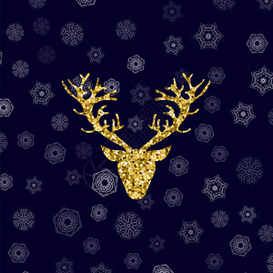 金色闪光鹿头在冬季蓝雪花背景上有分角的金色闪光鹿头分角图片