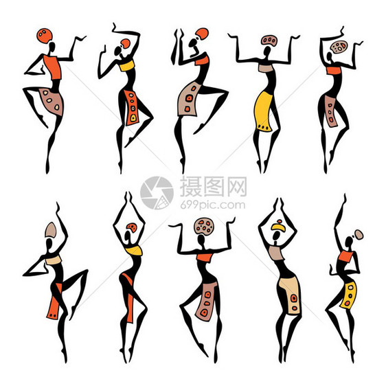 非洲美丽的妇女裔美国舞者传统种族风格的舞蹈妇女矢量说明图片