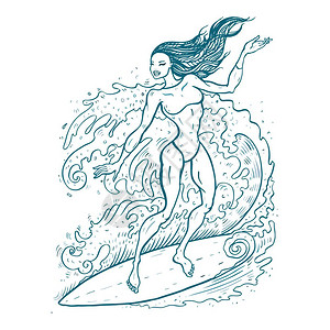 冲浪板上的漂亮女人冲浪的女孩t恤的指纹矢量手画图插画