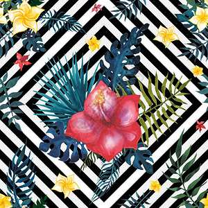 热带无缝图案鲜花和棕榈叶手画水彩图案白色背景图片