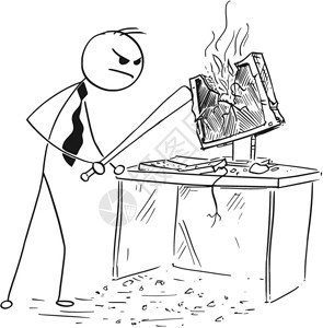 笑脸工作卡通的棍子人说明愤怒的商人用棒球砸坏电脑插画