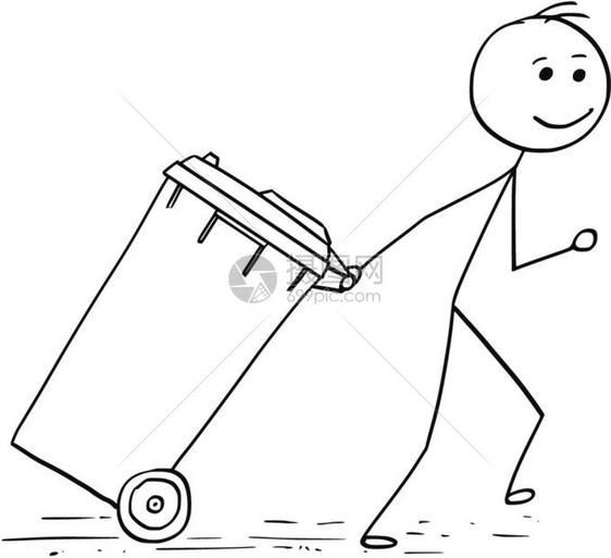 卡通的棍子人说明男拉轮子的垃圾桶图片