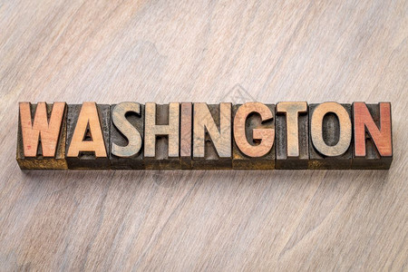 华盛顿用旧式纸质印刷木材类型的字词抽象与谷状木背景对比图片
