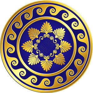 传统古金希腊装饰品Meander传统古金圆希腊装饰品蓝底色的米安德和花粉模式背景图片