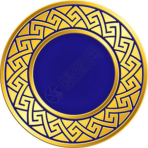 黄金圆框有希腊米兰德模式金圆框有传统古希腊米兰德模式在设计板的蓝色背景上使用传统希腊马兰德模式图片