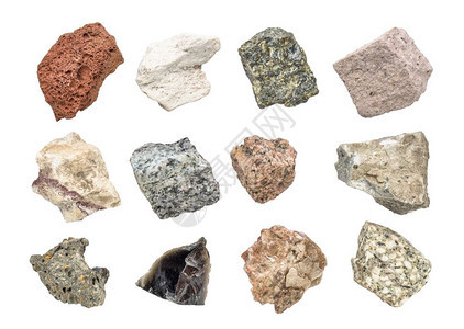 包括左上角的孤立有光化岩地质学收集包括scoriapumicegabbrotuffrhyolitedorite花岗岩和铁矿bas图片