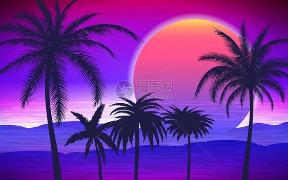 热带日出时棕榈树热轮光矢量说明图片