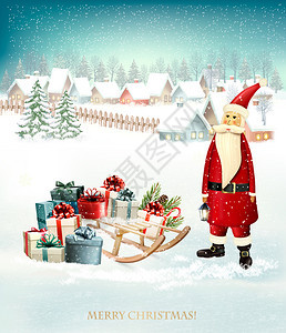 圣诞背景在雪橇和圣诞老人上送礼物矢量插图图片