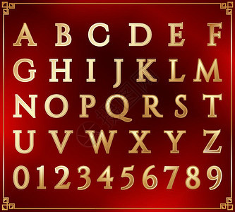 Gold字母表集体和数拉丁母红色背景矢量字母设计插图图片