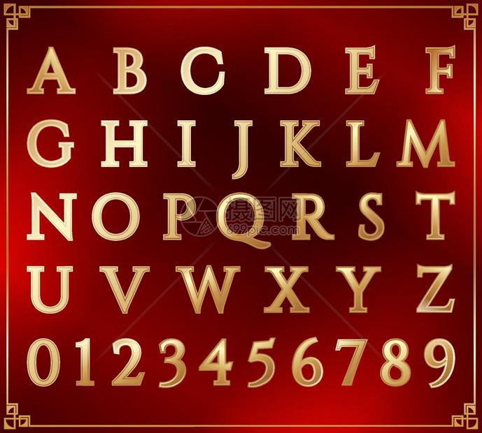 Gold字母表集体和数拉丁母红色背景矢量字母设计插图图片