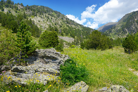 安道尔美丽的山谷和蓝天比利牛斯山脉的景图片