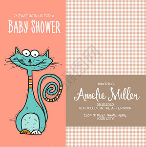 婴儿淋浴卡模板带有趣的面粉猫矢量格式图片