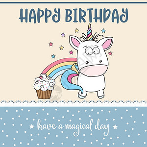 带可爱婴儿独角兽的快乐生日卡矢量格式背景图片