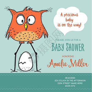 婴儿淋浴卡模板带有趣的面条鸟矢量格式图片