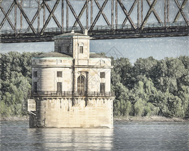 195年建造的二号历史水吸收塔和圣路易斯附近密西河上的旧岩石链桥一张具有数字疼痛效应的照片图片