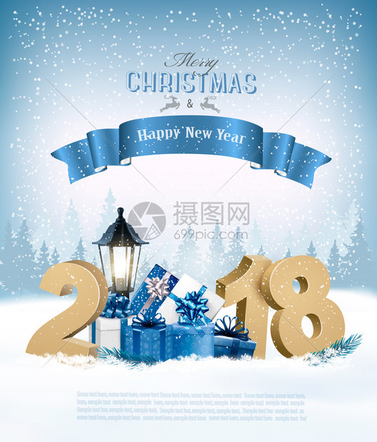 具有2018年圣诞快乐背景和礼品盒及蓝丝带图片