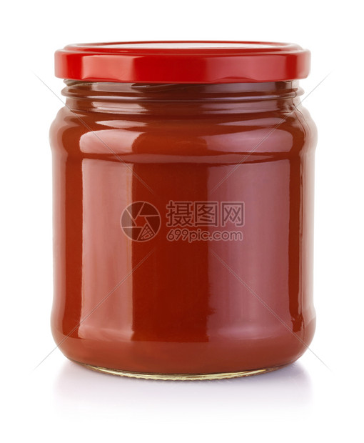 白色背景的番茄酱罐配有剪切路径图片