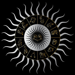 阳光圆形带星座符号的zodiac圆形圈带星座标志的圆形带微笑的太阳矢量