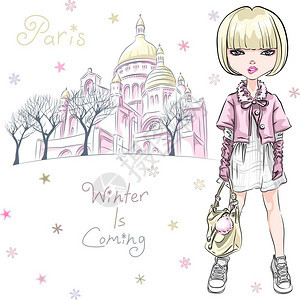在巴黎穿冬衣的矢量时装女郎在巴黎圣心面前穿冬衣运动鞋夹克和裙子的矢量时装女郎图片