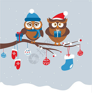 圣诞礼物卡模板上面有几只猫头鹰圣诞假日贺礼卡模板上面有几只猫上面有两只的冬季帽子上面有箱装礼物鸟坐在树枝上圣诞和新年设计矢量插图图片