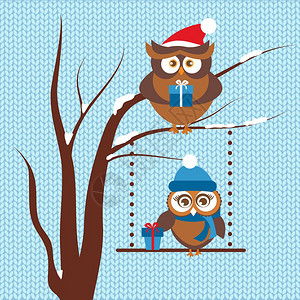 圣诞礼物卡模板上面有几只猫头鹰圣诞假日贺礼卡模板上面有几只猫上面有两只的冬季帽子上面有箱装礼物鸟坐在树枝上圣诞和新年设计矢量插图图片