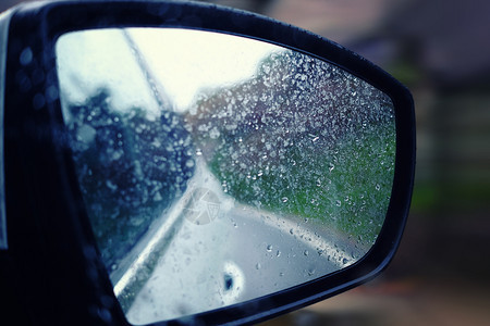 带有雨滴视图的汽车后视镜特写镜头图片