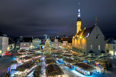 爱沙尼亚塔林圣诞市场爱沙尼亚塔林市政厅广场或Raekoja公花场装饰和照亮圣诞树市场爱沙尼亚塔林市图片