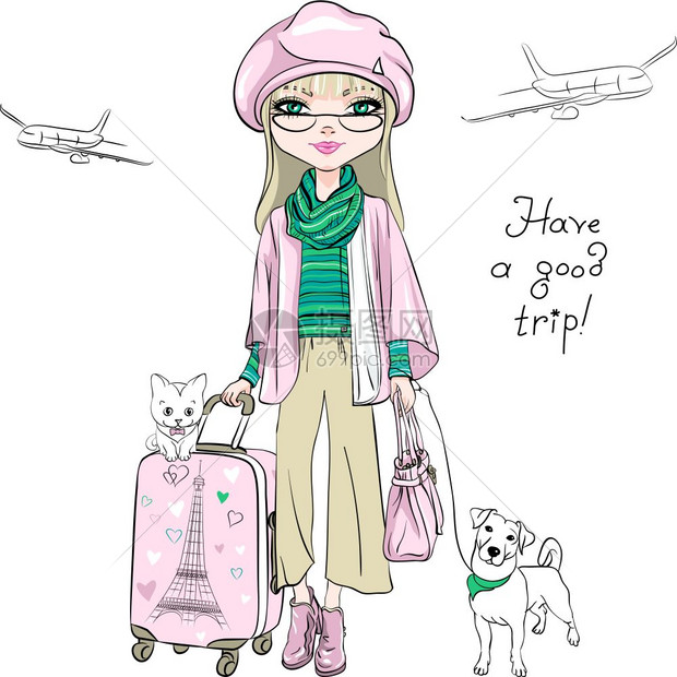 矢量美丽的时装女孩环游世界矢量美丽的时装女孩身着冬季服装穿手提箱可爱的狗和猫乘坐飞机环游世界图片